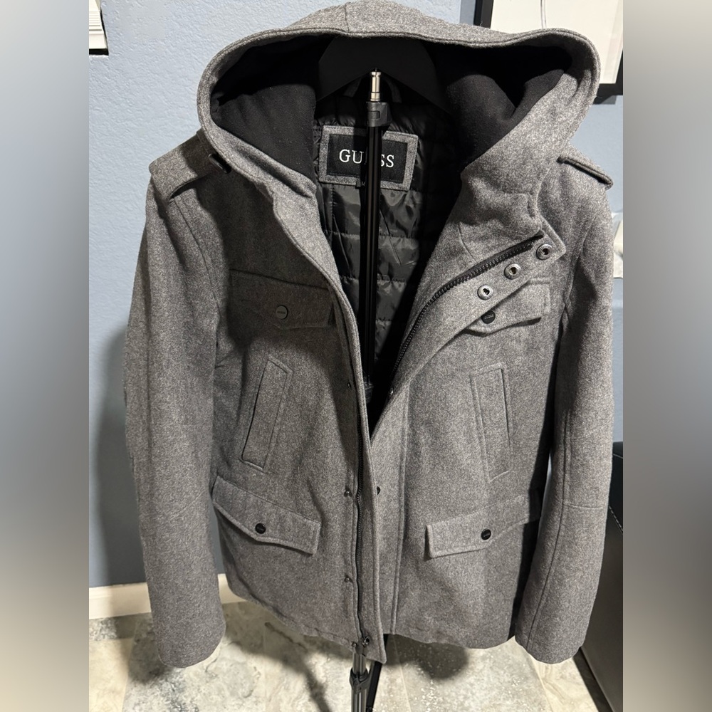 GUESS Charcoal Hooded Military Jacket - Wool Blend